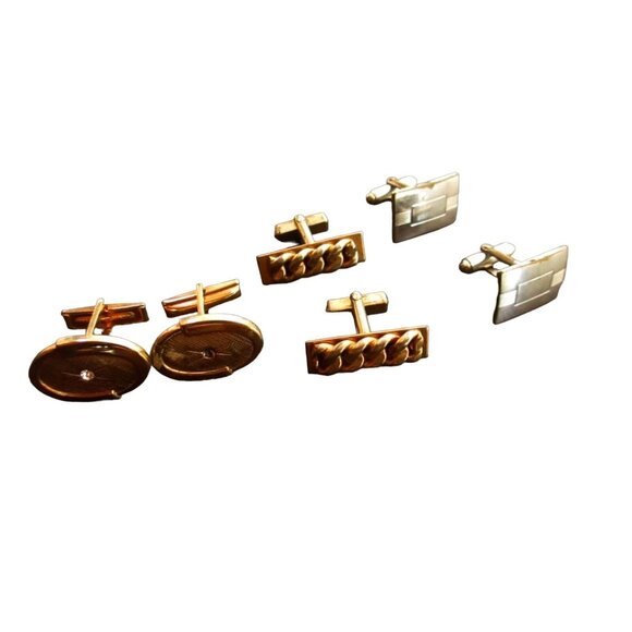 Set Of 3 Vtg Mens Metal Cufflinks With Oval Rectangular Braided Chain Designs - Picture 1 of 5